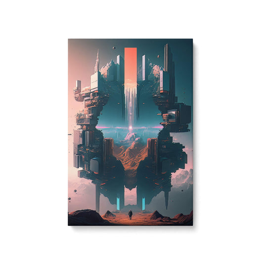 Futuristic cityscape canvas print on 1.5" stretcher bars, stunning colors from the sun on a white background.