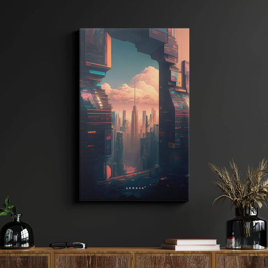 Futuristic cityscape canvas print on white background, vibrant colors and warm sunset mood, awakening the outer sky.