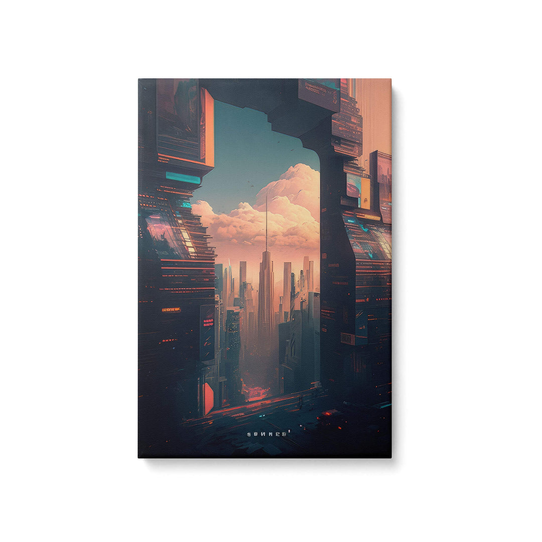 Futuristic cityscape canvas print on white background, vibrant colors and warm sunset mood, awakening the outer sky.