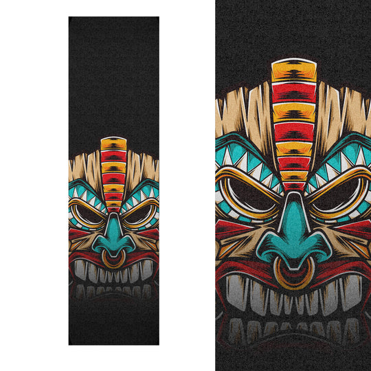 Grip tape, uncut to show different sizing opportunities, with colorful wood tiki mask design in vibrant blues, reds, and brown accents.