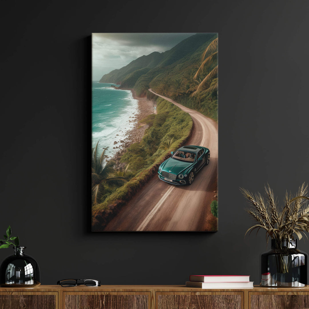 Living room with black wall, wood desk, and high quality canvas print of green Bentley Continental GT on dirt road.