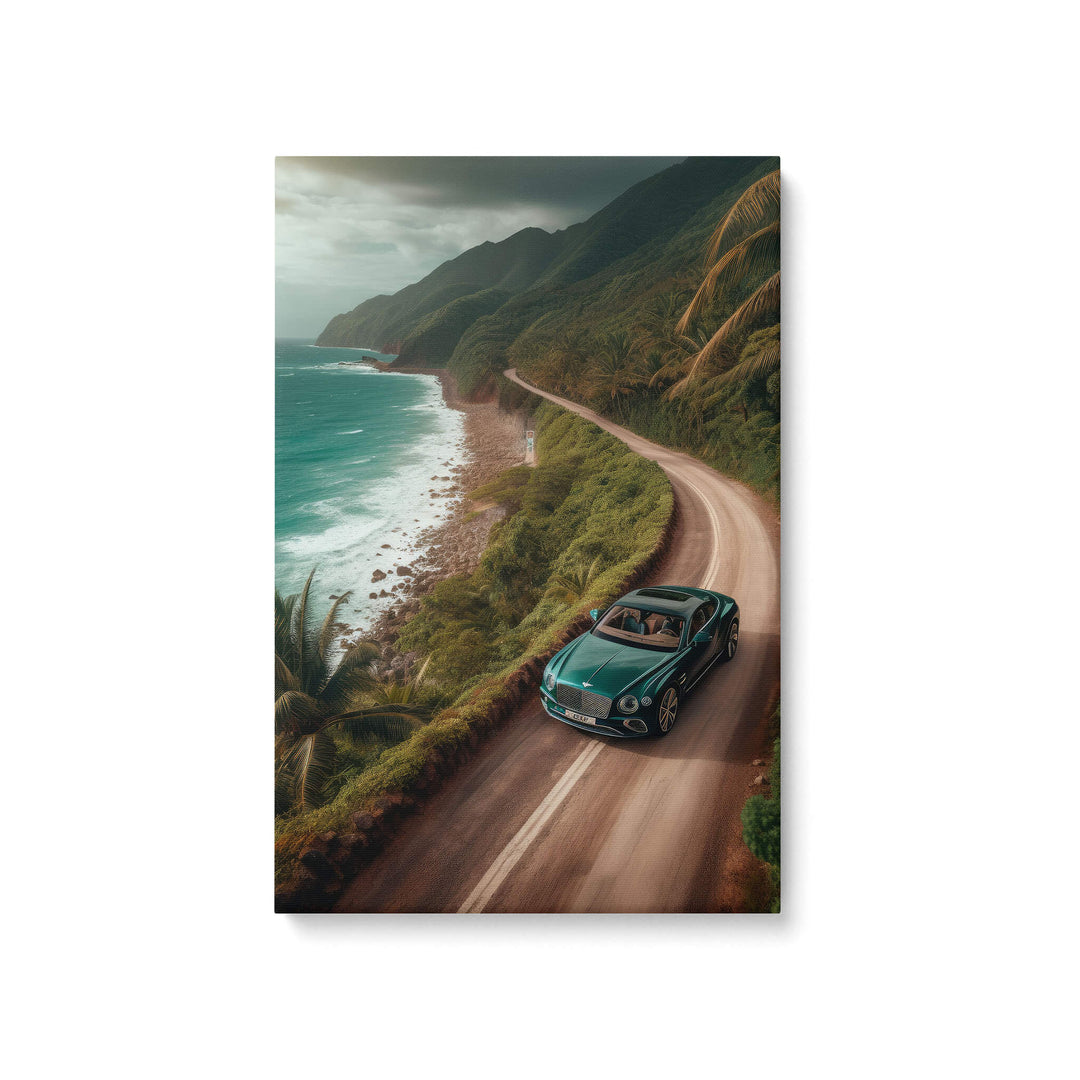 Sleek Bentley Continental GT on dirt road in tropical storm. High quality canvas print on 1.5" stretcher bars.