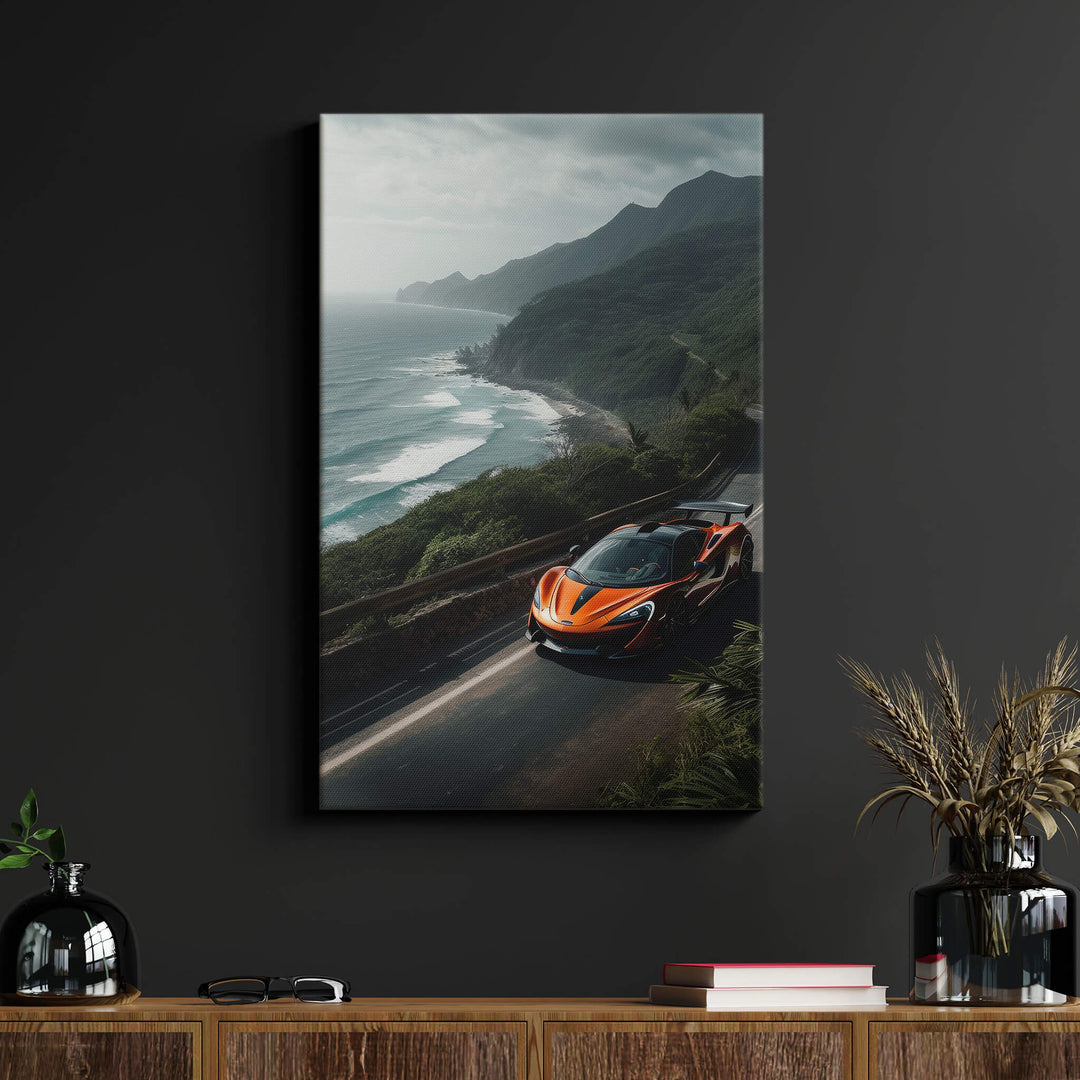 Stormy orange McLaren 720S canvas print on a black wall above a desk in a living room, capturing the bold design of the car.