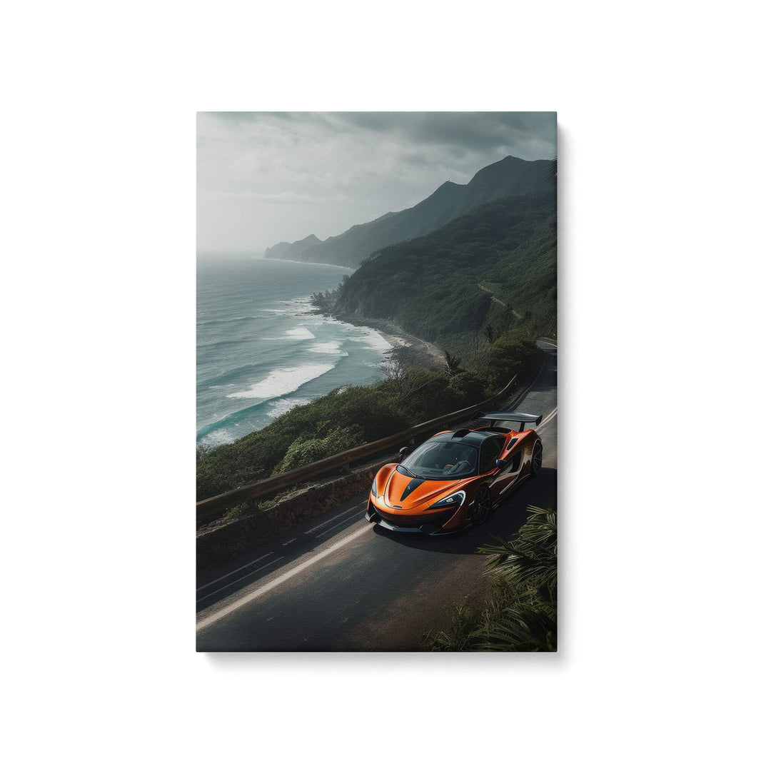 Vibrant orange McLaren 720S canvas print on a white background, perfect for adding a pop of color to any space.