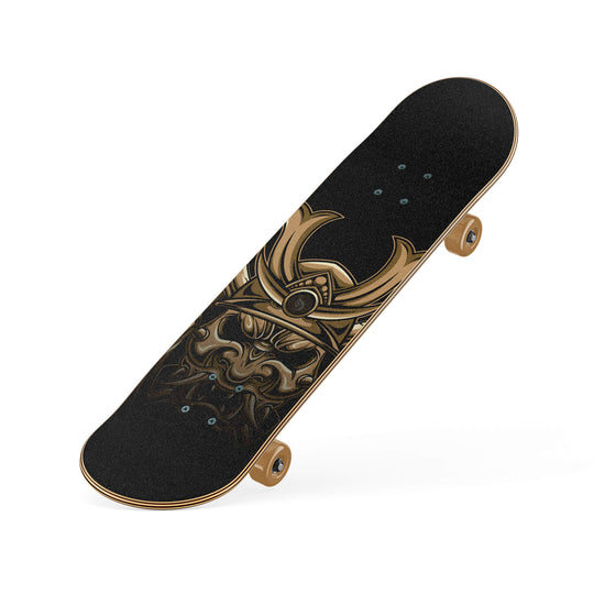 Slanted view of high-quality Skateboard with legendary samurai artwork in gold and brown accents, printed directly onto the grip tape. 
