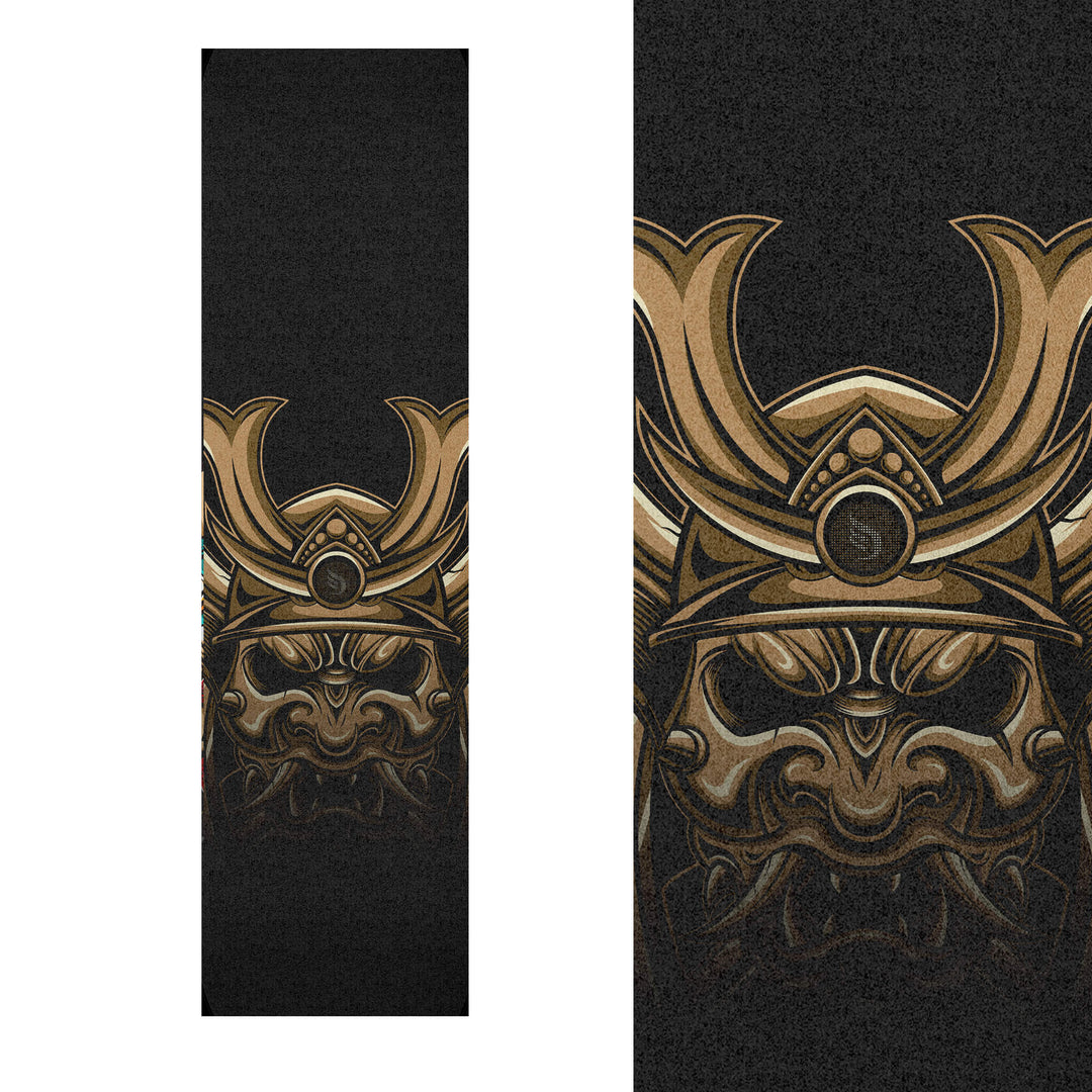 Detailed image of uncut Grip Tape with fierce Japanese warrior artwork in gold and brown, showcasing differential sizing opportunities.