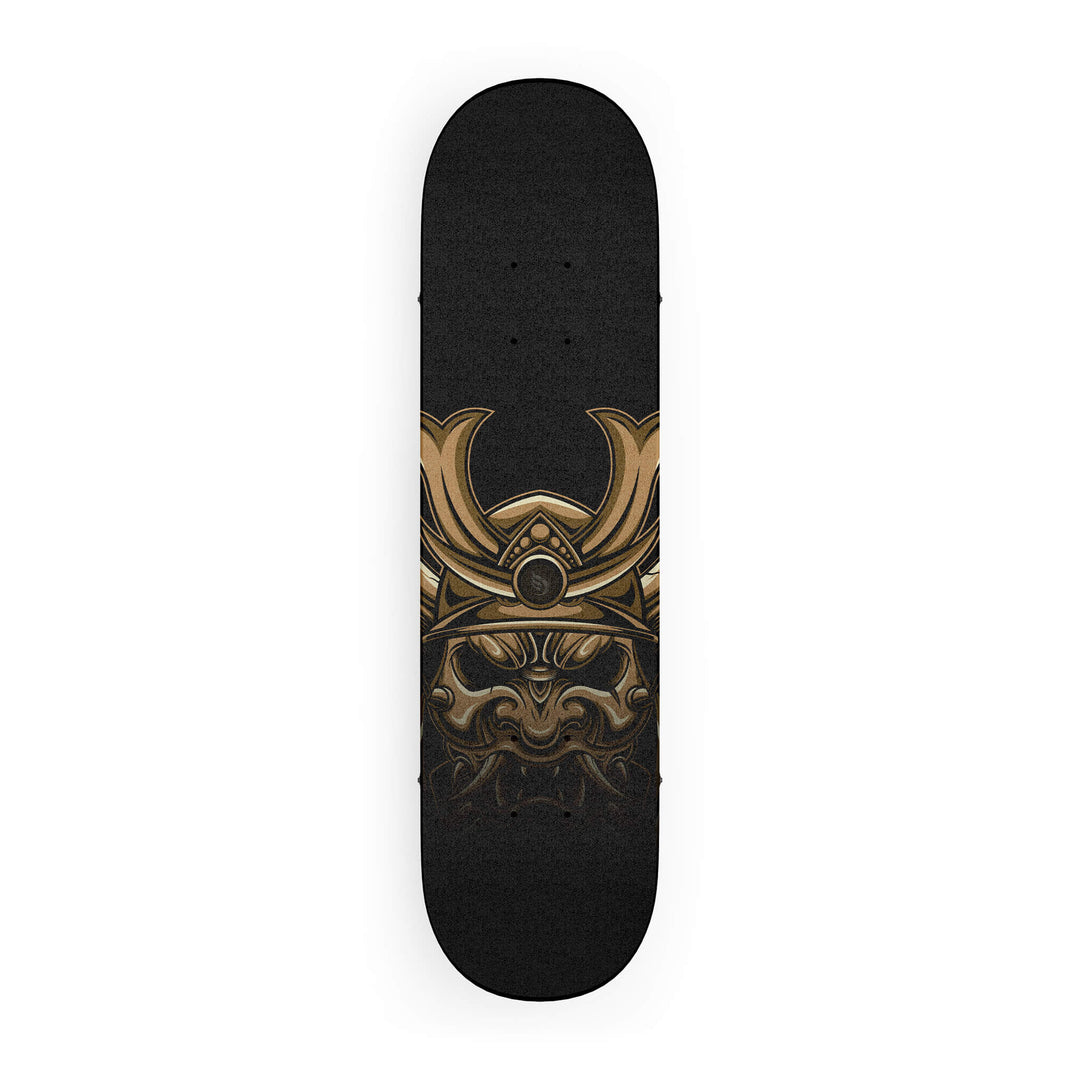 Top-down view of high-quality Skateboard Grip with fierce Japanese warrior artwork in gold and brown.