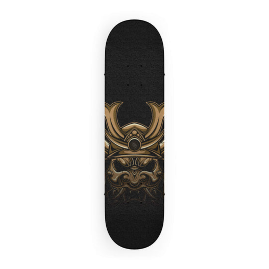 Top-down view of high-quality Skateboard Grip with fierce Japanese warrior artwork in gold and brown.